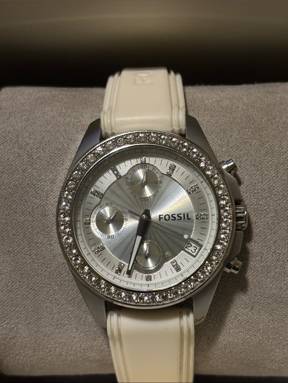 Fossil Silver Crystal Bezel Chronograph Watch with White Band